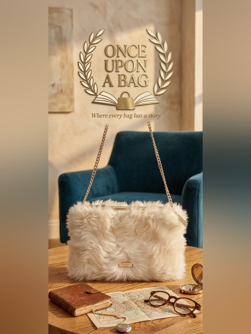 kate spade cream faux fur shoulder bag with gold chain strap